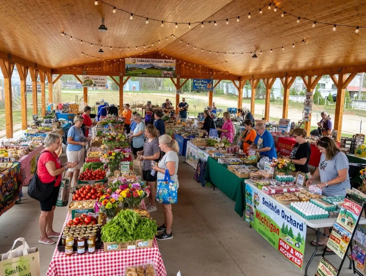 Shoppers browsing produce stands at a covered market