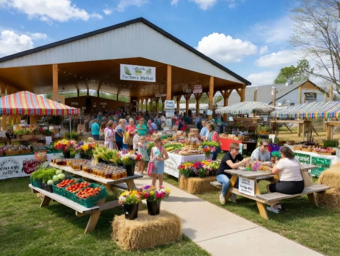 Open-air market pavilion with vendor tables